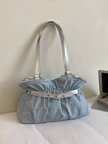 New Fashion Casual Solid Color Denim Fabric Tote Bag Star Pattern Pleated Fabric Women's Shoulder Bag - Baby Blue - View 12