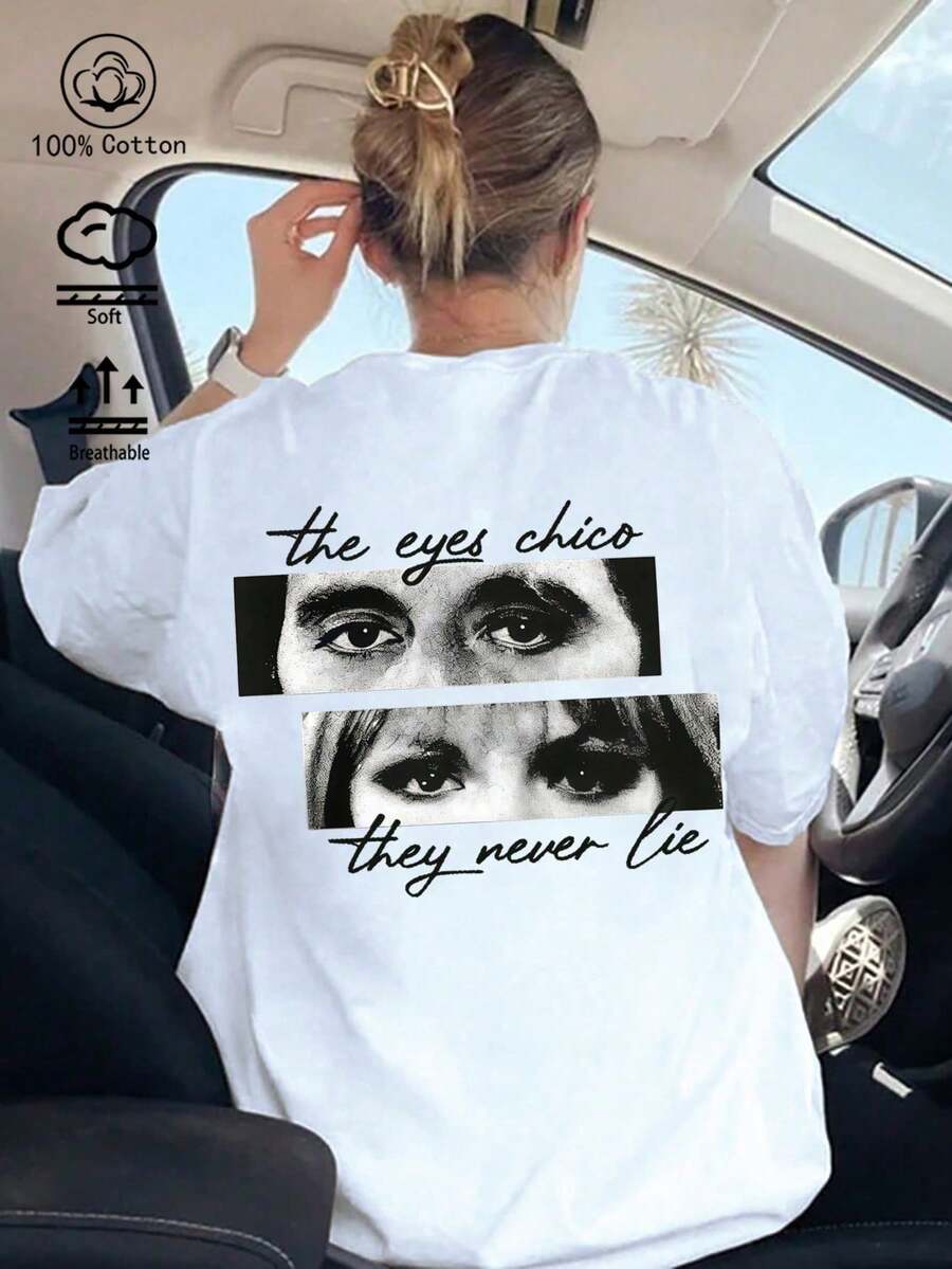 1 pieza, camiseta vintage Y2K, camisa blanca de mujer, 100% algodón, corte relajado, con estampado italiano "El amor, la pasta y el vino son suficientes", nuevo estilo primavera/verano, top - Blanco - Ver 1