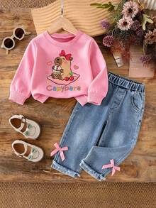 Young Girl Cartoon Print Crew Neck Long Sleeve Warm Sweatshirt And Denim Jeans - Pink - View 1