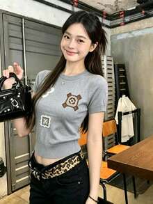 2026夏季新款女士刺绣修身短袖针织T恤，时尚灰色，韩版风格 - 灰色 - 查看 1