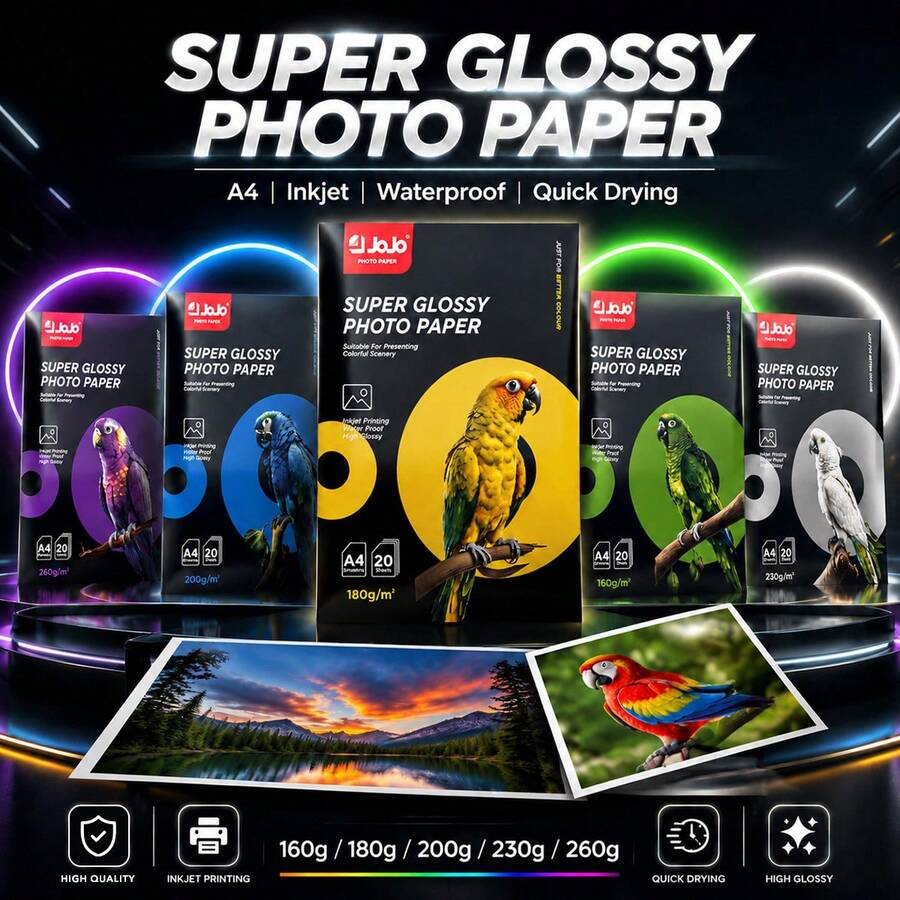 20 Sheets A4 Single-Sided Glossy Inkjet Photo Paper, 160G 180G 200G 230G 260G Waterproof Quick-Dry Smooth Bright Color Printing Paper, Suitable For Home Office School DIY Art Craft Photo Printing - Multiple Styles - View 1