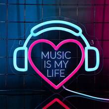 Music Is My Life 耳機愛心 LED 霓虹燈牌,創意音樂金句霓虹燈,USB 供電壁掛裝飾燈,適用於臥室、遊戲室、音樂工作室、酒吧、咖啡廳,音樂愛好者的理想新穎禮物,室內派對與節慶裝飾 - Music Is My Life - 查看 3