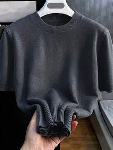 Men's Casual Versatile Solid Color Short Sleeve Knit Top, Suitable For Daily Wear And Commuting - Dark Grey - View 2