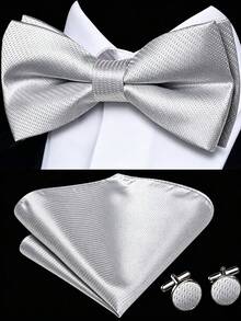 Paisley Striped Bow Tie For Men Silk Pre-Tied Bowtie Pocket Square Cufflinks Set Formal Wedding Party Prom - Silver - View 1