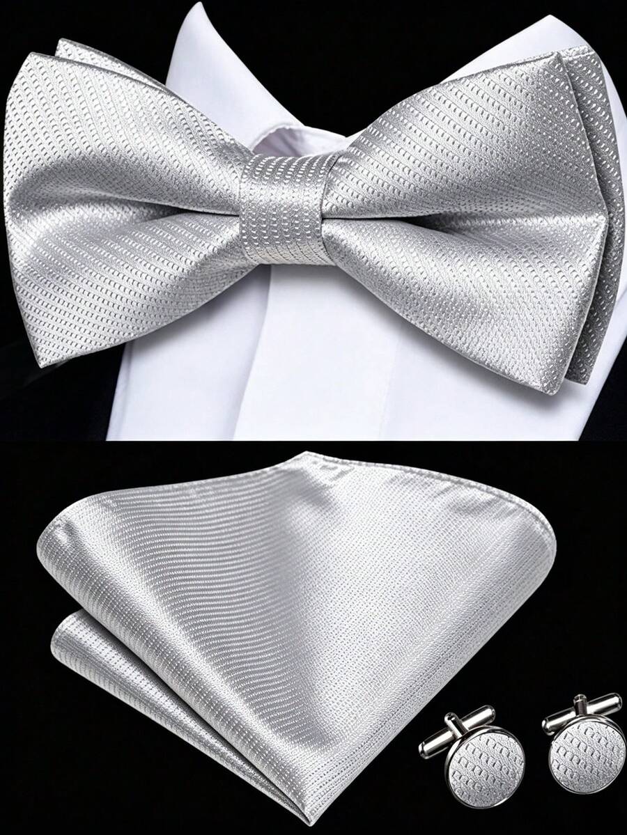 Paisley Striped Bow Tie For Men Silk Pre-Tied Bowtie Pocket Square Cufflinks Set Formal Wedding Party Prom - Silver - View 1