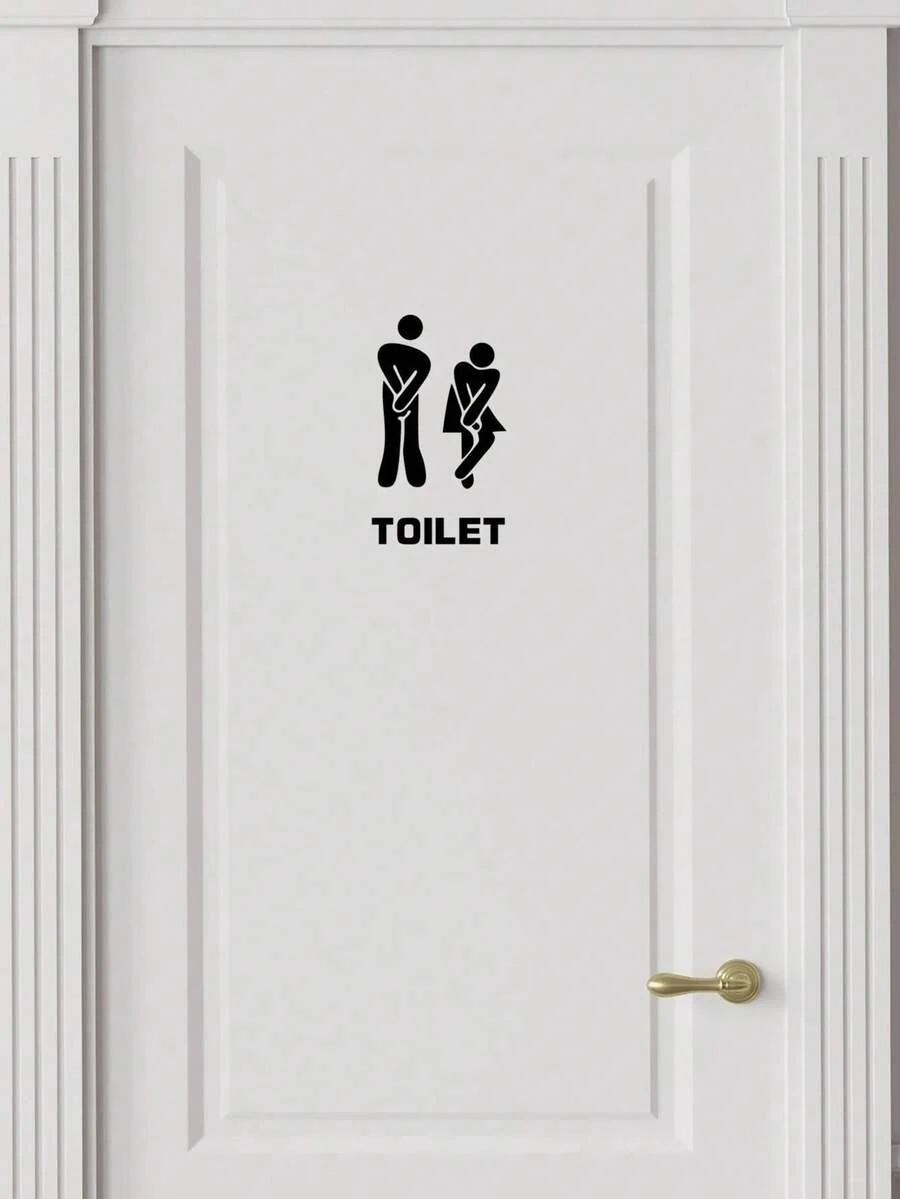 1件幽默「TOILET」浴室門貼紙－黑色剪影抬腿圖案貼紙，防水可移除乙烯基標誌，趣味浴室裝飾，適用居家與辦公室