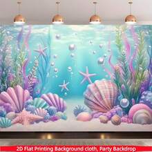 1pc 2D Polyester Underwater World Backdrop, Shell And Starfish Decoration, Suitable For Indoor And Outdoor Ocean Theme Party, Summer Gathering, Photo Booth, Wall Decor, Home Decor, Event Backdrop, Multiple Sizes Available - Multicolor - View 1