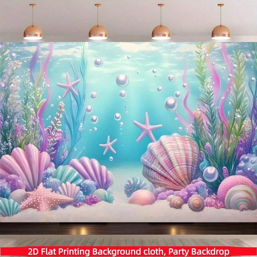 1pc 2D Polyester Underwater World Backdrop, Shell And Starfish Decoration, Suitable For Indoor And Outdoor Ocean Theme Party, Summer Gathering, Photo Booth, Wall Decor, Home Decor, Event Backdrop, Multiple Sizes Available - Multicolor - View 1