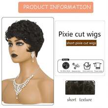 Women'S Layered Short Curly Pixie Cut Wig With Bangs - Remy Peruvian Human Hair, Glueless Full Machine Made Curly Wave Wig, Music Festivals & Everyday Styling - Density, Suitable For All Light Types, Short Hair Wig - Natural Black - 查看 4