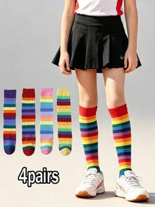 4 Pairs Girls Rainbow Colorful Striped Mid-Calf Sports Socks, Girls Fitness Spring Autumn All Season Versatile Football Tennis Running Sports Socks, No-Heel Design, Suitable For 6-10 Years Old Children - Multicolor - View 1