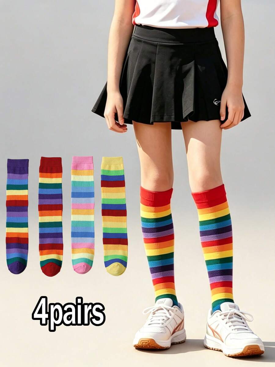 4 Pairs Girls Rainbow Colorful Striped Mid-Calf Sports Socks, Girls Fitness Spring Autumn All Season Versatile Football Tennis Running Sports Socks, No-Heel Design, Suitable For 6-10 Years Old Children - Multicolor - View 1