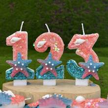 Bougie d'anniversaire numérique créative, décoration de gâteau de fête, bougie pour premier anniversaire, faite main DIY, étoile de mer océan - Étoiles de mer roses et bleues - Voir 3