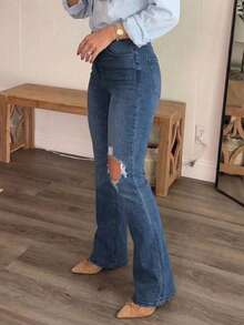 Women's Distressed Elastic Skinny Flare Jeans Casual Spring - 深色水洗藍 - 查看 5