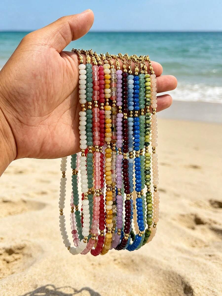 1pc European And American Bohemian Round Geometric Natural Stone Cracked Effect Beaded Short Necklace With Stainless Steel Accessories For Summer Beach Vacation - Stone Bead Stainless Steel Necklace - View 1