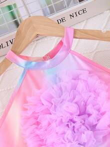 2pcs/Set Summer Girls Tie-Dye Gradient Handmade Flower Decor Camisole Top And Pleated Long Pants Outfit - Pink - View 4