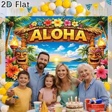 Pancarta plana 2D, 1 pieza Pancarta de fondo de fiesta Aloha, Pancarta de foto de playa hawaiana con tótem tiki y flores tropicales, Decoración de fiesta de verano, Decoración del hogar, Sin necesidad de electricidad, Cumpleaños, Decoración de jardín, Arte de pared, Material de vinilo duradero, Accesorio para cabina de fotos - Multicolor - Ver 2