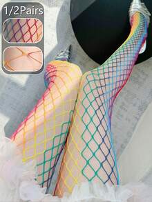 Rainbow Gradient Fishnet Thigh High Stockings, Colorful Hollow Mesh Over-The-Knee Socks, Fashion Nightclub Party Cosplay Women's Hosiery, 1/2 Pairs - Multicolor - View 2