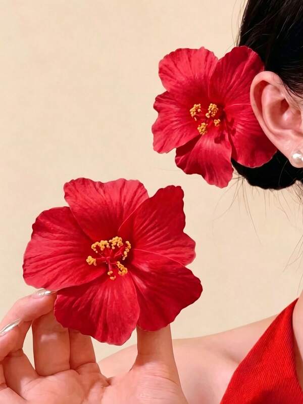 2pcs/Set Large Hibiscus Hair Clips, Artificial Hawaiian Tropical Flower Hair Accessories, Bohemian Style Tropical Hair Clips For Women, Suitable For Summer Beach, Party, Wedding, Daily Wear, Gift,Hair Claws