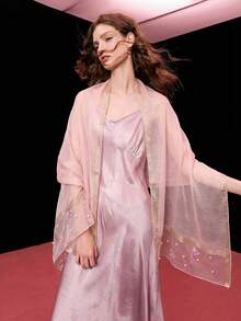 1pc Women's Luxury Butterfly Embroidery Long Scarf, Mesh Pearl Beaded Minimalist Long Shawl, Breathable Mesh Pearl Shawl, Suitable For Wedding, Evening Party Outerwear And Daily Outing Matching - Multicolor - View 3