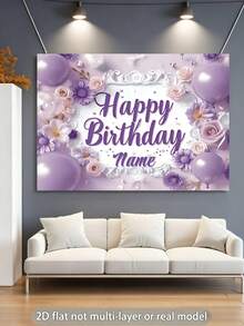 Pancarta personalizable "Feliz Cumpleaños", tema floral púrpura, decorada con rosas rosa claro y púrpura, margaritas, globos púrpuras y acentos florales blancos, creando una atmósfera suave y soñadora, adecuada para fiestas de cumpleaños, niñas - Tipo C - Ver 4