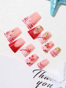 Change Your Nails 24片鴨型穿戴式假指甲，粉色調新中式3D花卉金飾，溫柔新中式風格，適合日常通勤、約會、派對，附指甲銼 + 果凍膠 - 淺粉色 - 查看 3