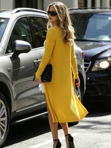 Spring Summer New Arrival Women's Yellow Ribbed Long Knit Cardigan, V-Neck Open-Front Knit Coat, Casual & Commuter Wear,Autumn,Tops For Going Out - Yellow - View 2