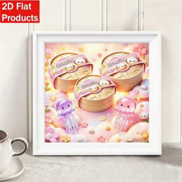 1 Pc 2D Flat New Product Launch! 1 Pc 2D Flat Diamond Painting, 30.0 Cm X 30.0 Cm, Cute Dumpling And Jellyfish Theme, Ideal Gift For Friends And Family, Full Round Diamond Art Product!
