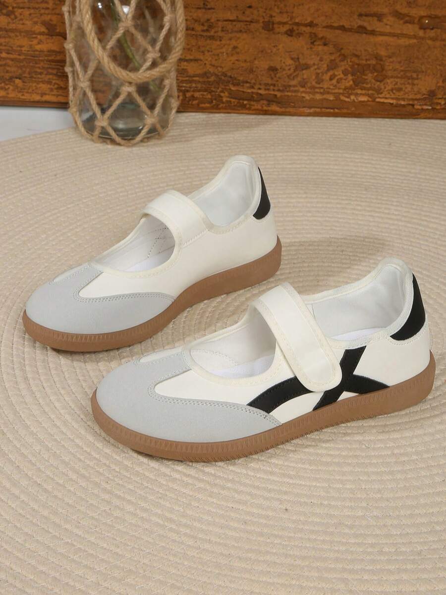 Zapatillas Mary Jane de color bloque beige para mujer con cierre de gancho y bucle, suela blanda, zapatos planos casuales de skate - Beis - Ver 1