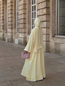 Middle Eastern Elegant Women's Long Robe Soft Satin Luster Yellow Abaya Arabic Cloak Fall - Yellow - View 5