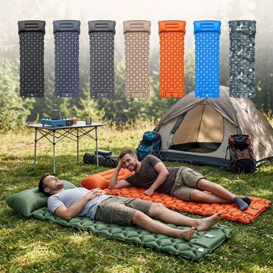 1pc Outdoor Inflatable Sleeping Pad, Camping, Hiking, Picnic Essential Lightweight Portable Foldable Moisture-Proof Mat Outdoor Gear Summer Travel Must-Have, Foot-Pumped Extra Wide Extra Thick Inflatable Mattress - Multicolor - View 1