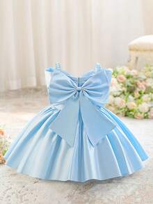 Baby Girl Solid Color Pleated Strap Dress Suitable For Birthday, Party, Outing, Banquet, Wedding Flower Girl, Holiday Celebration - Baby Blue - View 5