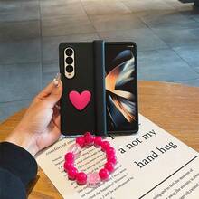 Cute 3D Heart Black Phone Case With Rabbit Shaped Bead Chain, Compatible With Samsung Galaxy Z Fold 8 Ultra Z Fold7 ZFold 5 Zfold6, Shockproof Back Cover - Black - View 4