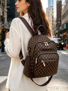 Large Capacity Backpack For Women, Classic Solid Color Handbag For Ladies - Brown - View 6