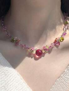 1 buah Kalung Manik-Manik Bentuk Tetesan Air Manis untuk Wanita, Kalung Choker Manik-Manik Motif Buah Mawar Merah Musim Panas - Berwarna merah muda - View 2