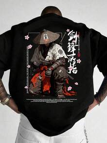 Men's Black Short-Sleeved Crew Neck T-Shirt With  Japanese Cyberpunk Illustration Print - Black - View 1