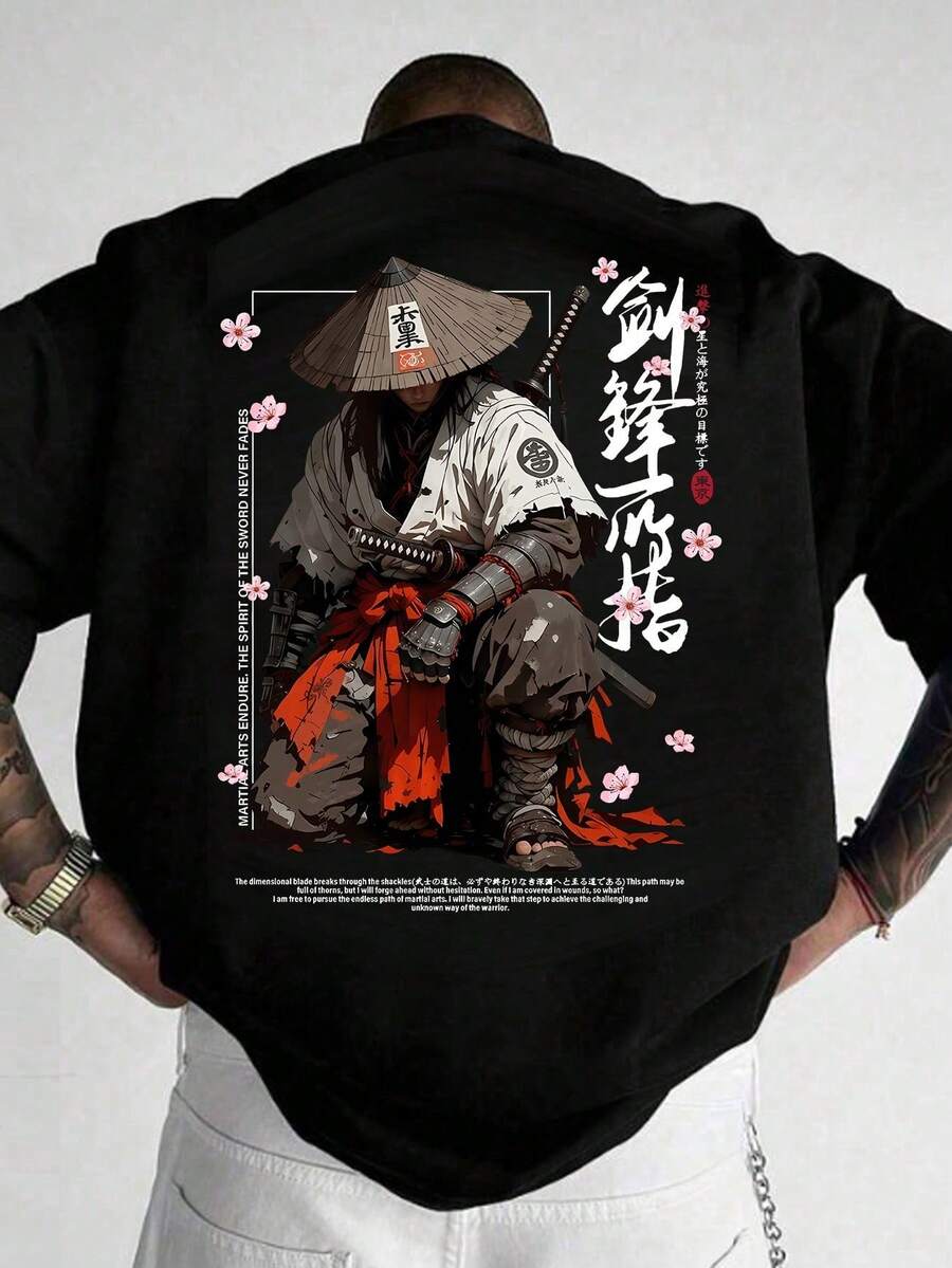 Men's Black Short-Sleeved Crew Neck T-Shirt With Japanese Cyberpunk Illustration Print - Black - View 1