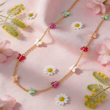 1pc Fashionable Handcrafted Metal Colorful Zirconia Small Flower Pendant Necklace, Suitable For Daily Wear - Gold - View 6