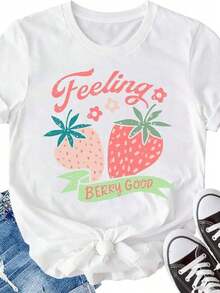 Flash 50% Off Strawberry Camiseta Women, Cute Fruit Camiseta Girls, Berry Print Camiseta - Blanco - Ver 2