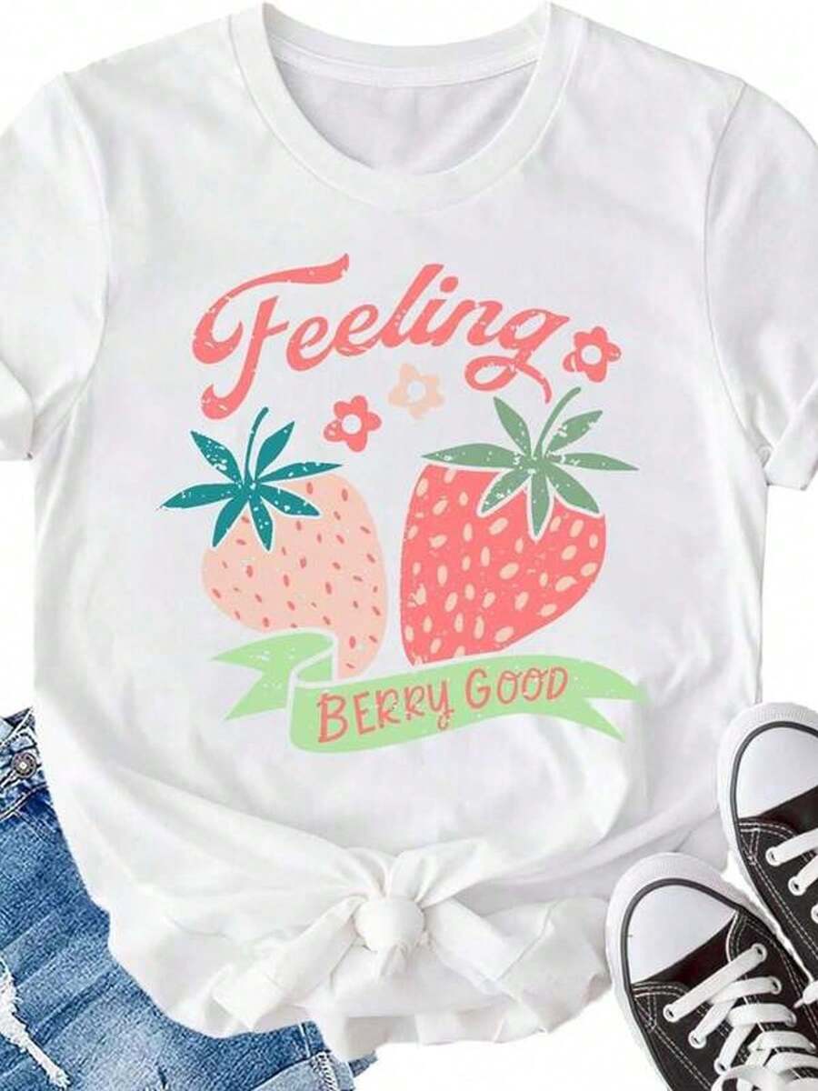 Flash 50% Off Strawberry Camiseta Women, Cute Fruit Camiseta Girls, Berry Print Camiseta