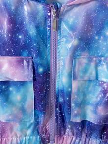 Girls' Casual Fashion Starry Gradient Shiny Short Zip-Up Hooded Jacket With Pockets For Spring And Autumn - Blue - View 5