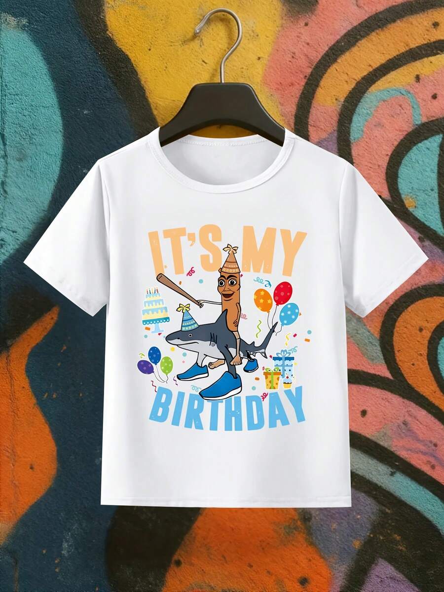 Camiseta de Fiesta Divertida de Cumpleaños, Patrón de la Serie Italian Brain Rot, Camiseta de Cuello Redondo con Estampado de Letras "It'S My Birthday", Corte Regular, Lavable a Máquina - Blanco - Ver 1