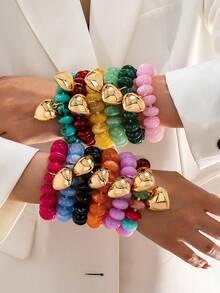 1 Peça Pulseira Elástica com Contas Multicoloridas Feita à Mão, Pulseira com Contas Redondas de Acrílico com Pingente de Coração Banhado a Ouro, Joia de Destaque Empilhável para Mulheres - Multicolorido - Visão 12