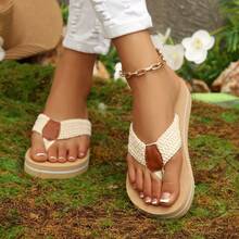 Chanclas de verano de suela gruesa para mujer, chanclas planas, punta abierta, estilo minimalista versátil, adecuadas para vacaciones en la playa y moda de viaje - Beis - Ver 4
