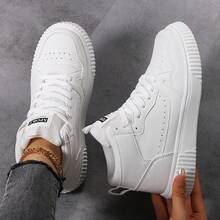 Women's Solid Color Lace-Up Mid-Top Soft EVA Sole Breathable Versatile Commute Casual Sports Sneakers - White - View 1