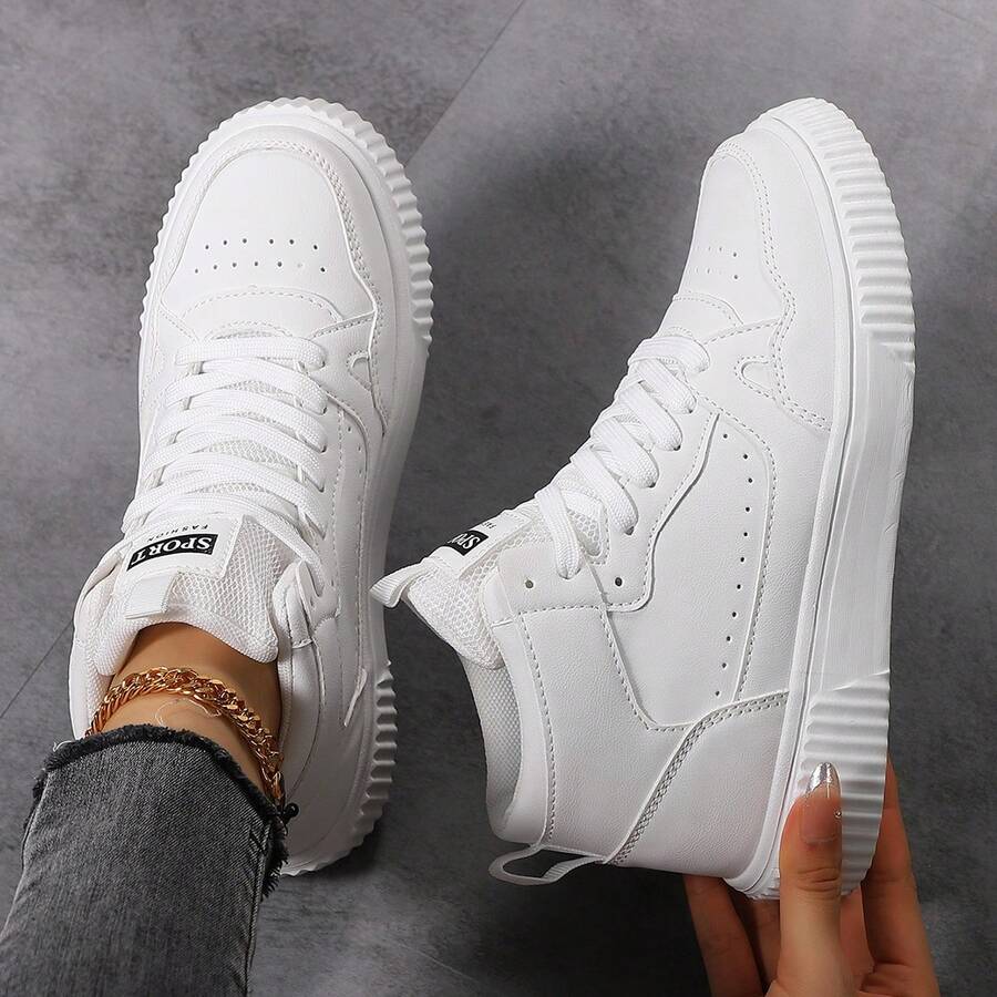 Women's Solid Color Lace-Up Mid-Top Soft EVA Sole Breathable Versatile Commute Casual Sports Sneakers - White - View 1