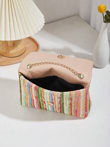 Women's Colorful Contrast Woven Fabric Magnetic Closure Small Square Crossbody Bag - Multicolor - View 5