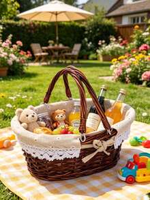 1pc Handwoven Wicker Picnic Basket With Lace Bow Decor Lined Fabric Lining Multi Style Red Gingham Check Pattern Portable Basket With Handle For Outdoor Picnic Camping - Multiple Styles - View 10