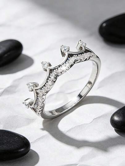 1pc Fashionable Versatile Zirconia Crown Ring, European And American Style, Gift For Women On Valentine's Day, Mother's Day, Birthday, Party