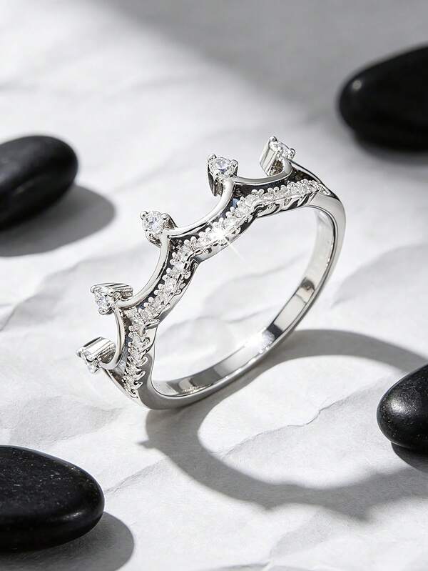 1pc Fashionable Versatile Zirconia Crown Ring, European And American Style, Gift For Women On Valentine's Day, Mother's Day, Birthday, Party