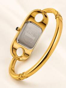 1pc Women's Gold Bangle Quartz Watch, Rectangular Hollow Bangle Wristwatch, Black Dial Blue Hands, Jewelry Style Formal Watch, Gift For Women And Girls - Gold - View 6